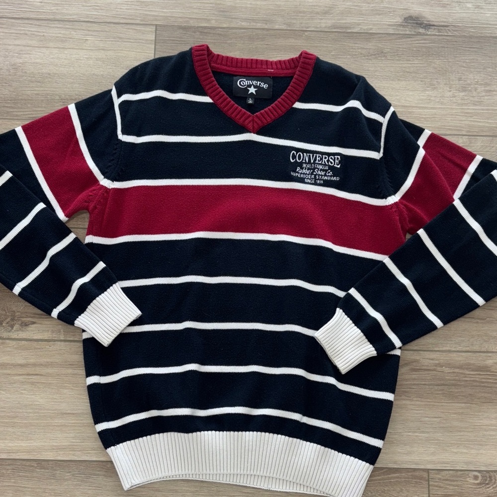 Vintage Converse Men's V-Neck Sweater - navy , Red, and White size large